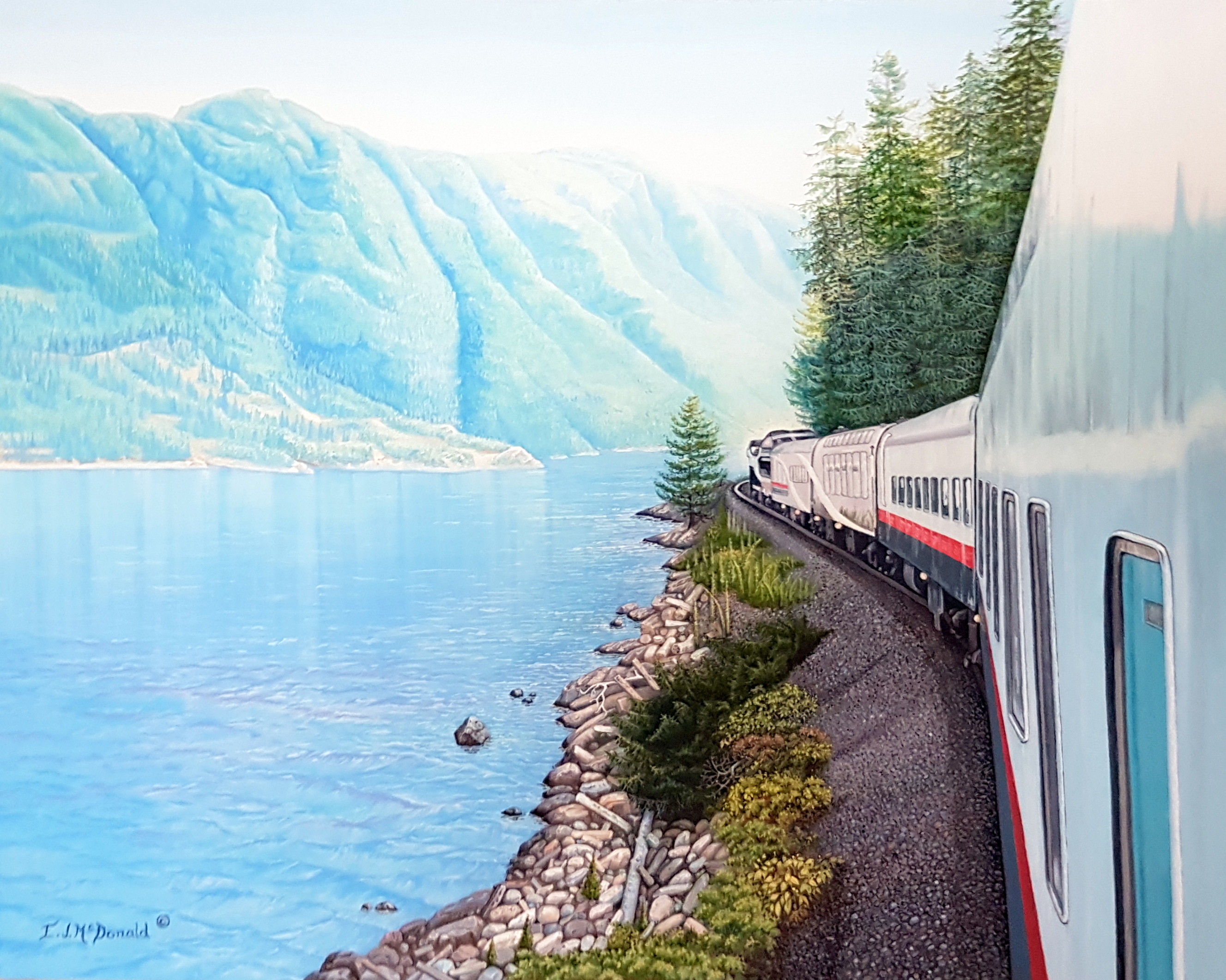 Painting of Rocky Mountaineer Tree rounding a bend by Lake Shuswap, AB